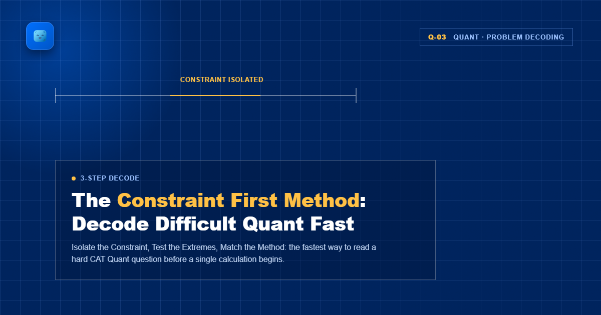 The Constraint First Method, a three-step framework showing Isolate the Constraint, Test the Extremes, and Match the Method, for decoding difficult CAT Quant questions, from Optima Learn