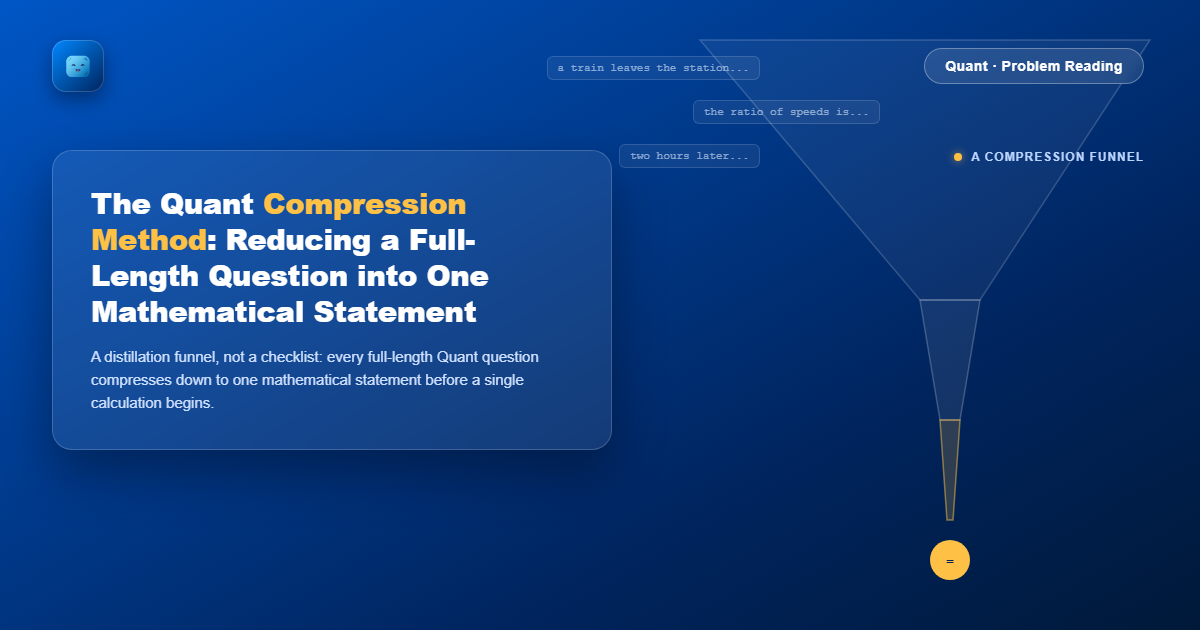 Brand-blue Optima Learn graphic introducing the Quant Compression Method, a four-layer funnel for compressing CAT Quant questions into one statement.
